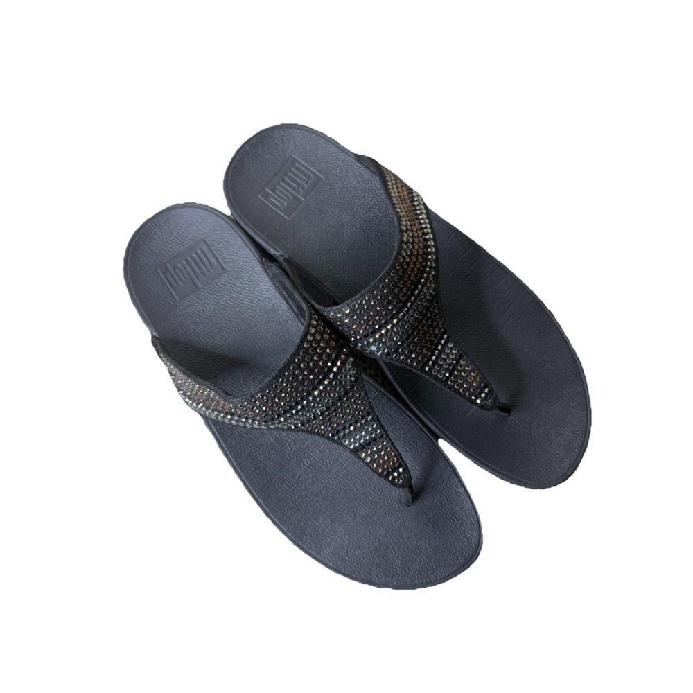 FitFlop Women's US 7 Luxe Rhinestone Sandals Black Thong Wedge Flip Flop